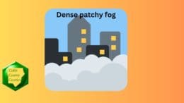 A drawing of buildings with fog at the base and the words "Dense patchy fog"