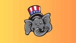 A cartoon GOP elephant's head with a red-white-and-blue top hat perched on top