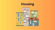 An assortment of buildings with the word "Housing" above
