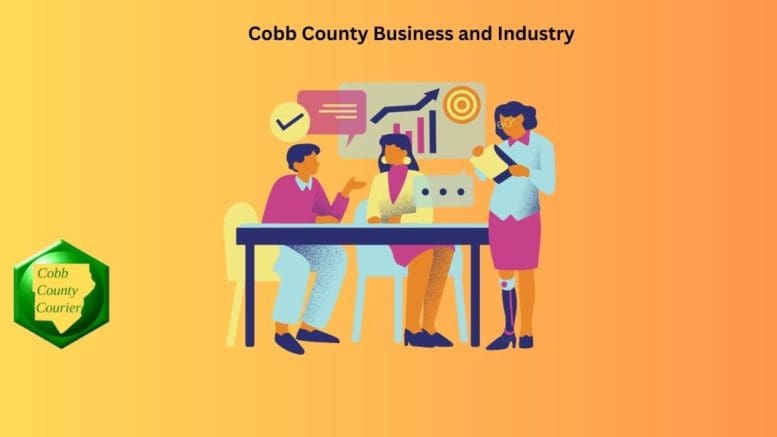 A graphic of two women and a man working at a table with the title Cobb County Business and Industry