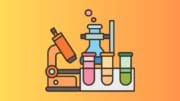 graphic of lab equipment including beakers, microscope and test tubes