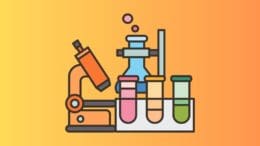 graphic of lab equipment including beakers, microscope and test tubes