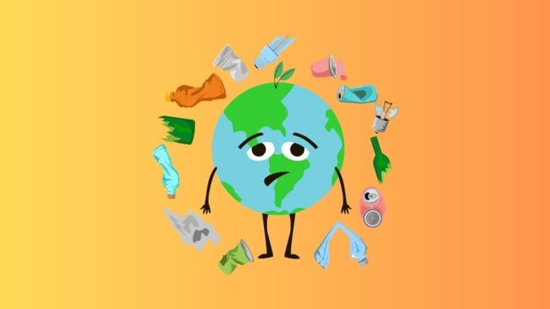 a sad looking globe surrounded by trash and pollutants