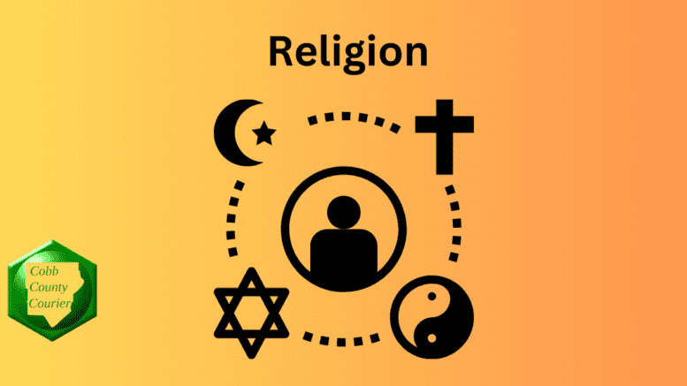 Depiction of four religions via a crescent moon and star, a cross, a Star of David, and a ying-yang symbol