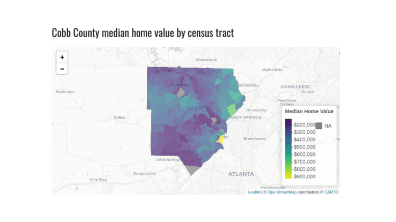 A screenshot of a color-coded map of Cobb home values