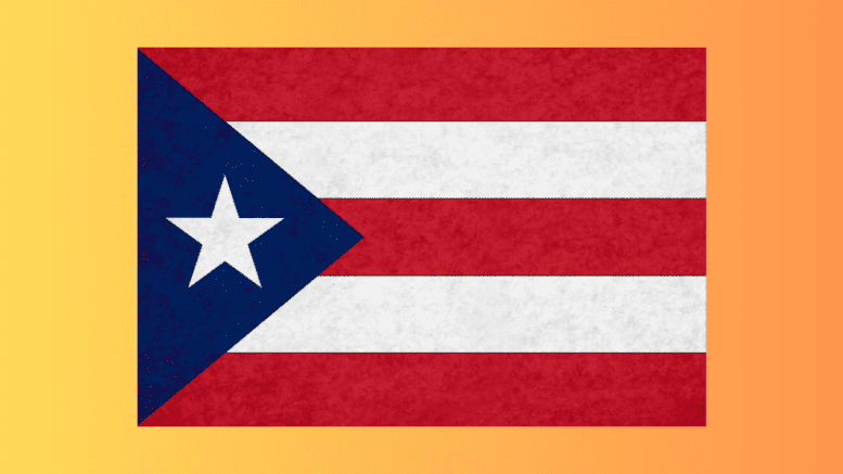 Puerto Rican Flag. Triangle with one star on the left, five horizontal bars, three red, two white