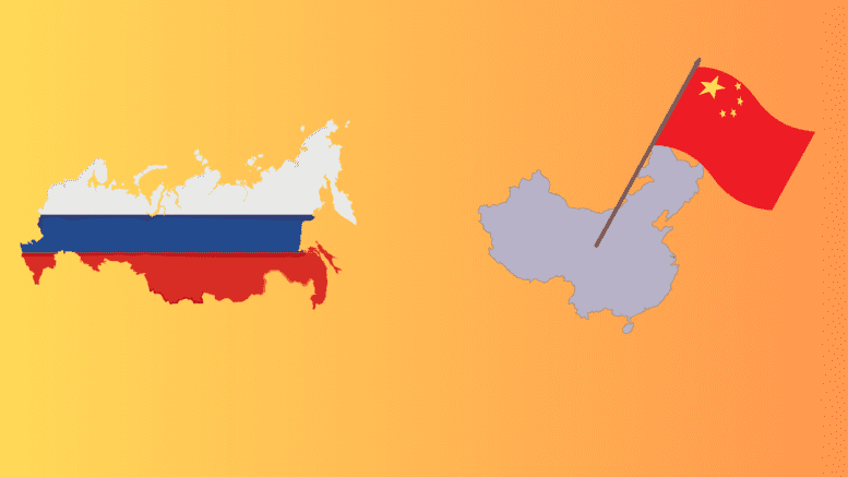 Map of Russia in Russian flag colors and map of China with a Chinese flag