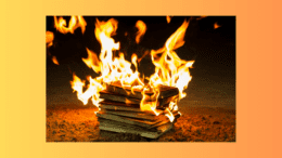 a stack of burning books