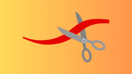 A drawing of a ribbon being cut by a pair of scissors
