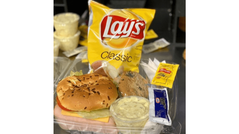 A plastic tray with sandwich, potato salad and a pack of potato chips