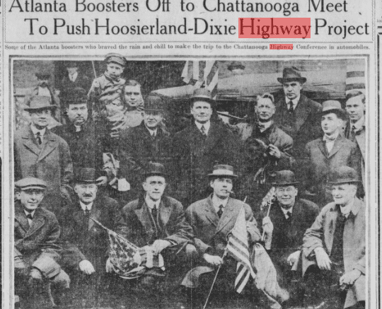 Photo from 1914 newspaper with group of Atlanta boosters meeting in Chattanooga about Dixie Highway project