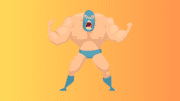 A cartoon big-muscled wrestler in a mask arms flexed roaring with mouth wide open