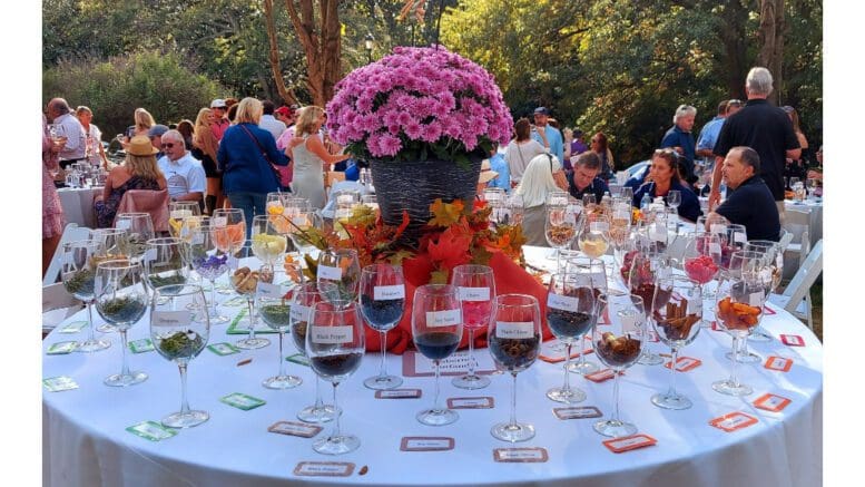 An elaborate spread of glasses of wine on a table with a white cloth