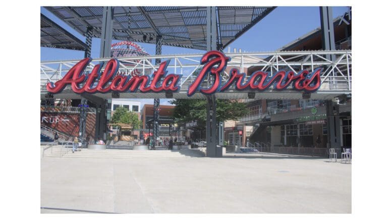 The big "Atlanta Braves" sign at the entrance to Truist Park