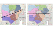 Side-by-side maps of the two alternative school board maps, the benchmark and the one that was enacted