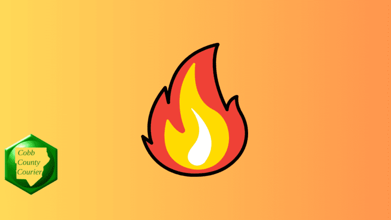 A drawing of a flame with the small Cobb County Courier logo in the lower left-hand corner