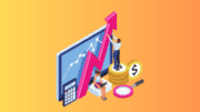 A graphic of mixed images signifying business, including a computer screen, an arrow on a graph, a woman at a laptop, and a dollar sign