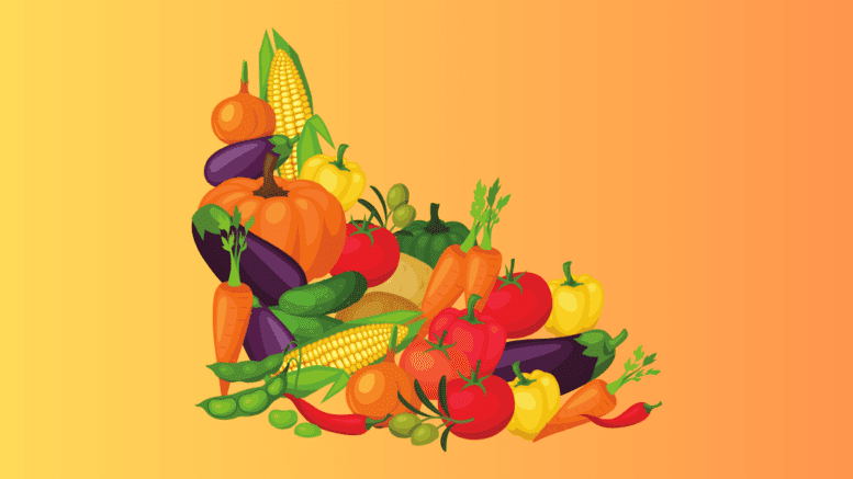 A color drawing of a wide assortment of fruits and vegetables