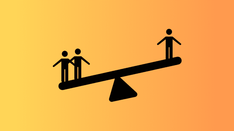 A graphic of a see-saw with two people on one side and one on the other