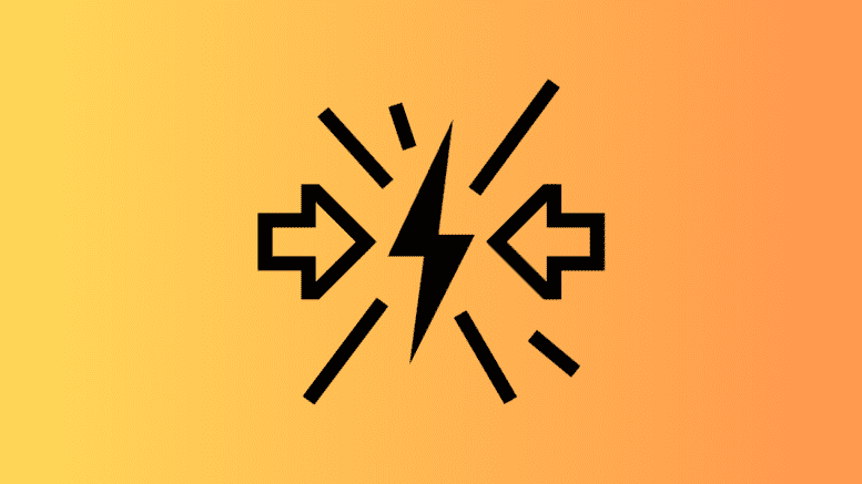 a symbol representing a clash, with two arrows pointing toward a lightning bolt
