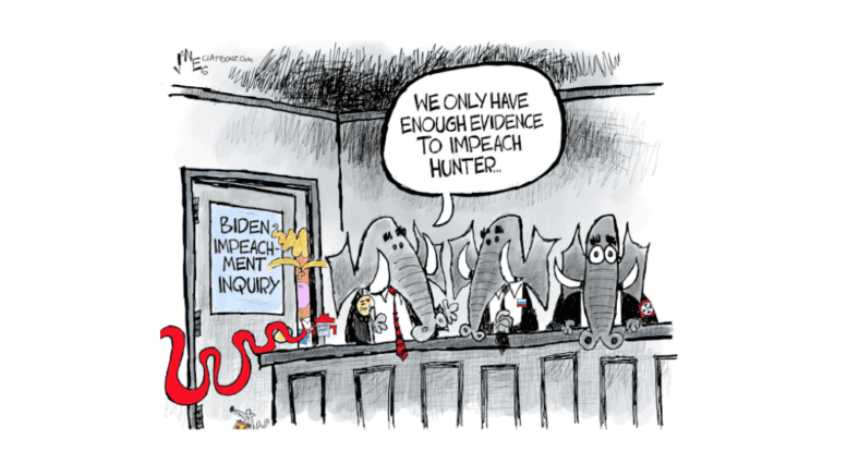 Three elephants in a hearing room stating, "We only have enough evidence to impeach Hunter"