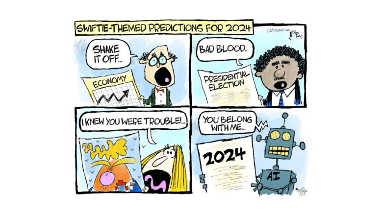 Clay Jones political cartoon with Taylor Swift lyrics including an economist saying "Shake it off," a man holding up a "presidential election" headline saying "Bad blood," a woman holding up a photo of Trump saying "I knew you were trouble" and a robot labeled AI saying "You belong with me ..."