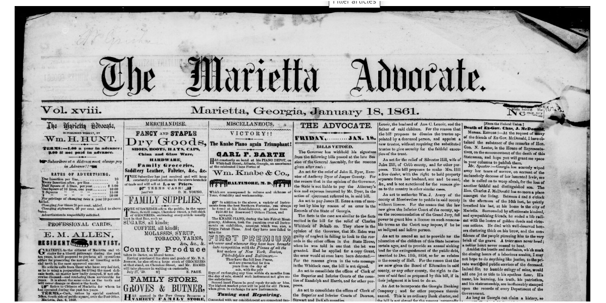 The Marietta Advocate the first newspaper in Cobb County (1843) Cobb