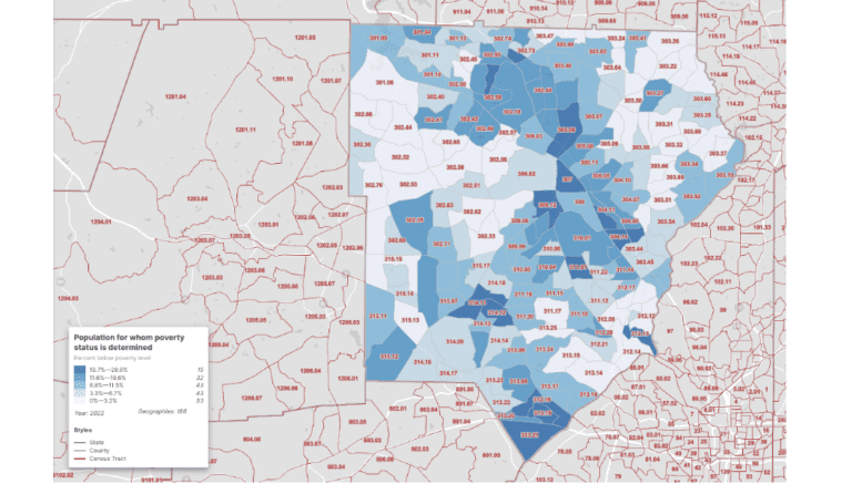 A heat map indicating poverty by census tract in Cobb County GA