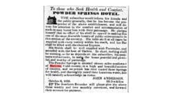 A screenshot of an 1838 ad for the Powder Springs Hotel