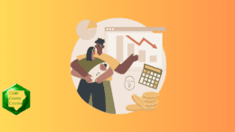A graphic of a couple with a baby and various things representing income calculation