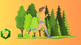A woman running against a backdrop of trees