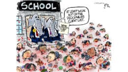 A schoolyard full of dead children while two elephants look on. One of them is holding a paper saying "Wayne LaPierre's client list" and one of the elephants stating "At least we're not on the pedophile's client list"