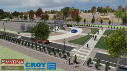Rendering of a Boulevard with a roundabout and wide pedestrian crossing