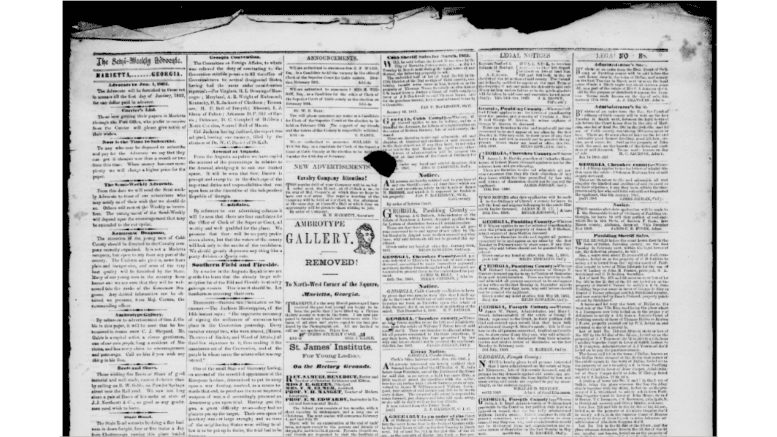 a front page of an 1861 edition of the Marietta Advocate