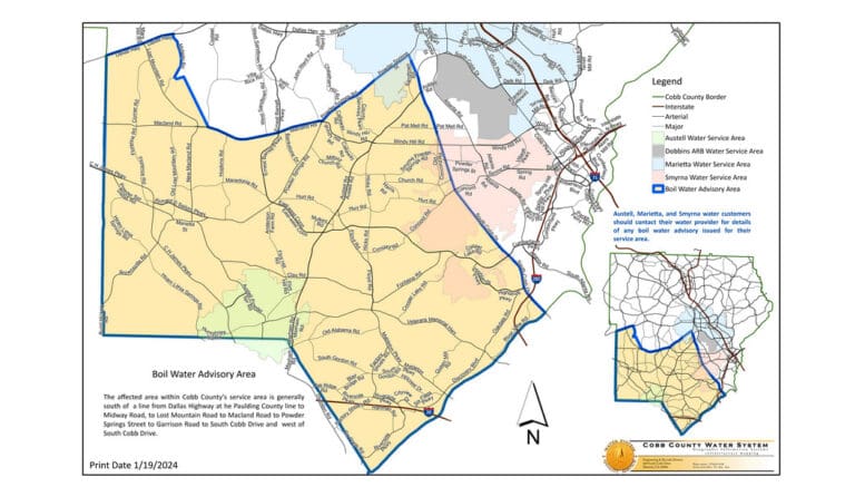 A detailed map of the boil water advisory for the southern part of Cobb County. A text description is in the article.