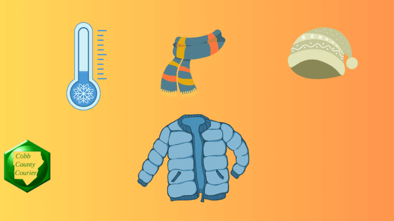 Articles of winter clothing: a down coat, a scarf, and a wool cap, along with a mercury thermometer and the Cobb County Courier logo
