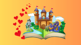 An open storybook with a castle, knight and dragon on top of the pages