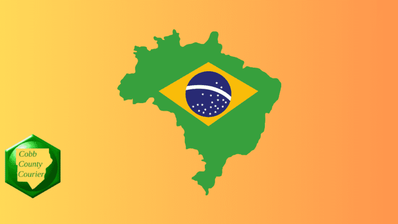 A map of Brazil with the globe portion of the Brazilian flag