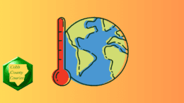 A drawing of Earth with a red thermometer representing climate change
