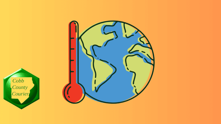 A drawing of Earth with a red thermometer representing climate change
