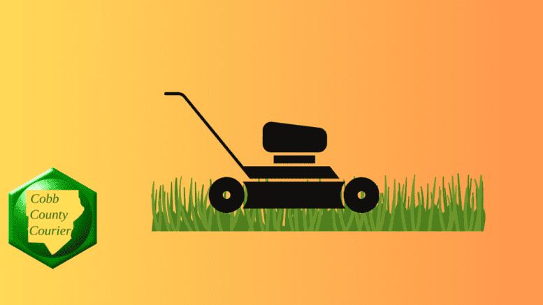 A drawing of a lawnmower running over grass