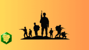 Silhouettes of a group of soldiers with weapons and other gear