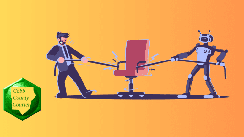 A human and a robot in a tug of war over an office chair