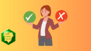 A woman holding up two circles, one with a check mark representing right, another with an 'X' representing wrong