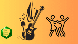 Graphic of electric guitar and microphone alongside a line drawing of a couple dancing