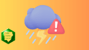 A graphic representing a thunderstorm with cloud lightning rain and a red warning triangle with exclamation mark