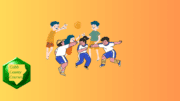 Six children playing with a basketball