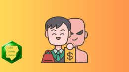 A cartoon man smiling with another man with a sinister look holding a dollar sign representing consumer fraud