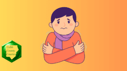 Cartoon drawing of a young man in sweater and shawl shivering