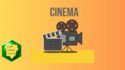 An old fashioned clapperboard used to start a scene in a movie, and an old-fashioned reel to reel movie camera. Also the word "Cinema"